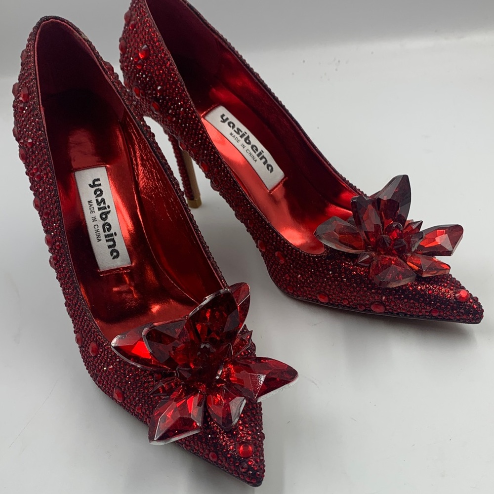 Red Crystal Embellished Women's Heels